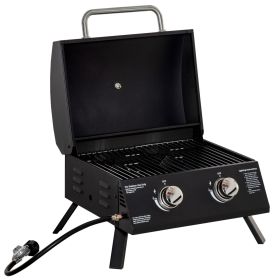 Outsunny 2 Burner Propane Gas Grill Outdoor Portable Tabletop BBQ with Foldable Legs, Lid, Thermometer for Camping, Picnic, Backyard, Black (Color: AS PIC)
